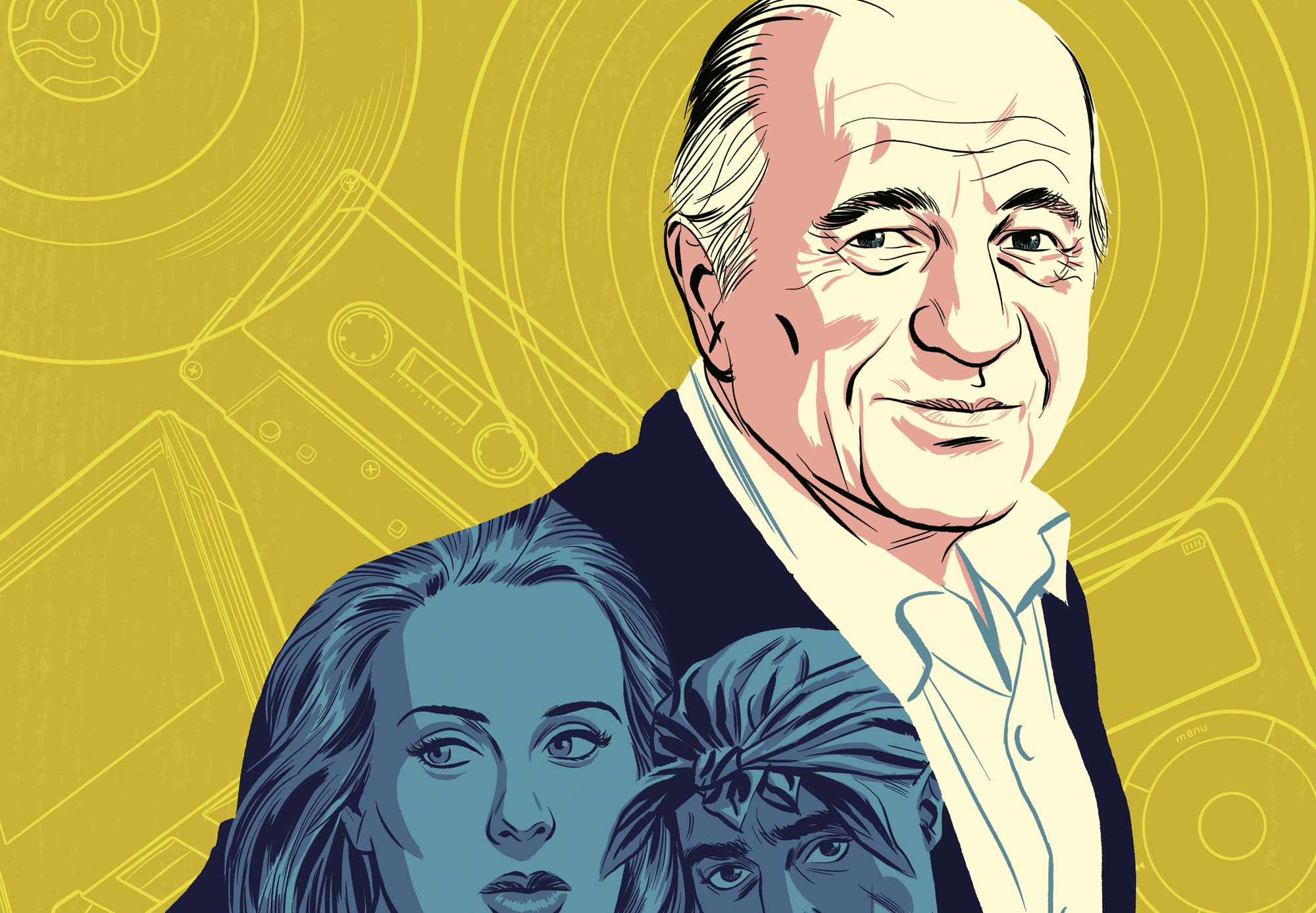 Illustration of Sony executive Doug Morris wearing a blazer with pictures of Adele, Tupac, and other celebrities, by Michael Cho 