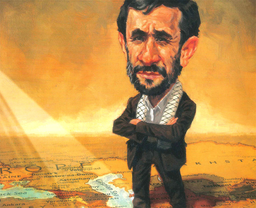 Illustration by Darren Gygi of Mahmoud Ahmadinejad standing on a map of the Middle East
