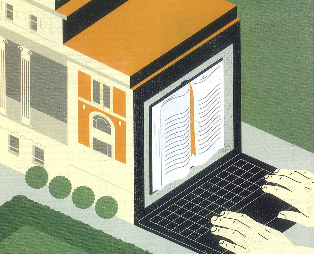 Illustration by Keith Negley of Columbia's Butler Library attached to the back of a laptop