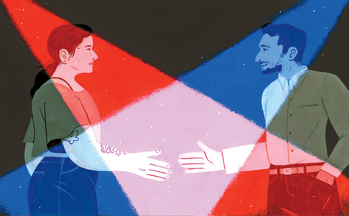 Illustration of a Democrat and Republican shaking hands, by Celia Jacobs, for Columbia Magazine fall 2020 issue (interview with Peter Coleman)