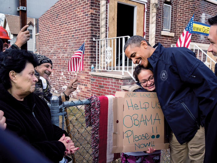 Barack Obama with Hurricane Sandy victims in Staten Island, NY