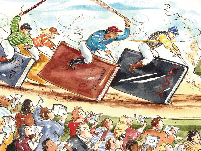 Illustration of horse jockeys riding books