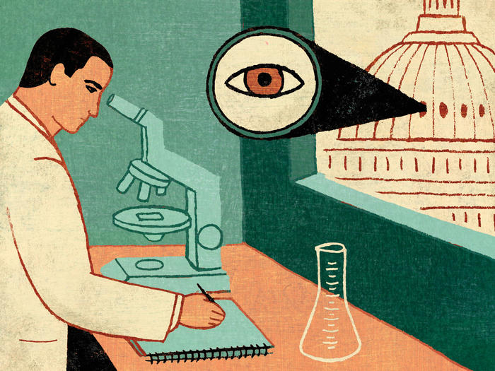 Illustration of a scientist looking through a microscope as the White House spies on him with a giant eye