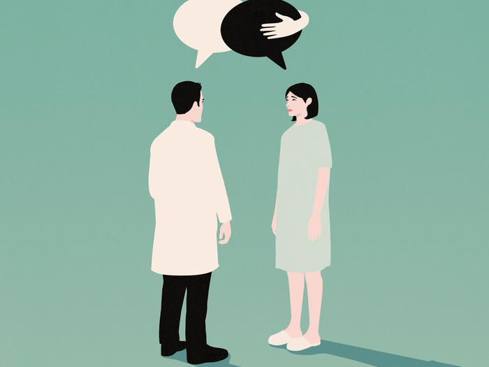 Illustration by Anna Parini of doctor listening to a patient