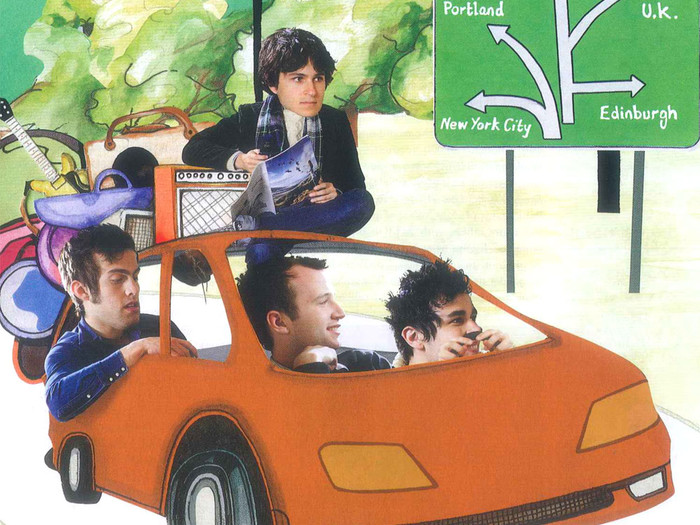 Collage illustration of Vampire Weekend band in car