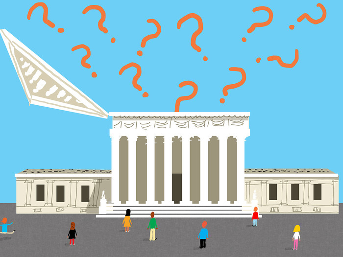 Illustration of question marks coming out of the roof of the Supreme Court Building by James Yang