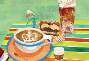 Illustration by Jo Turner of a cup of coffee with a Columbia crown next to coffee cake and espresso drinks