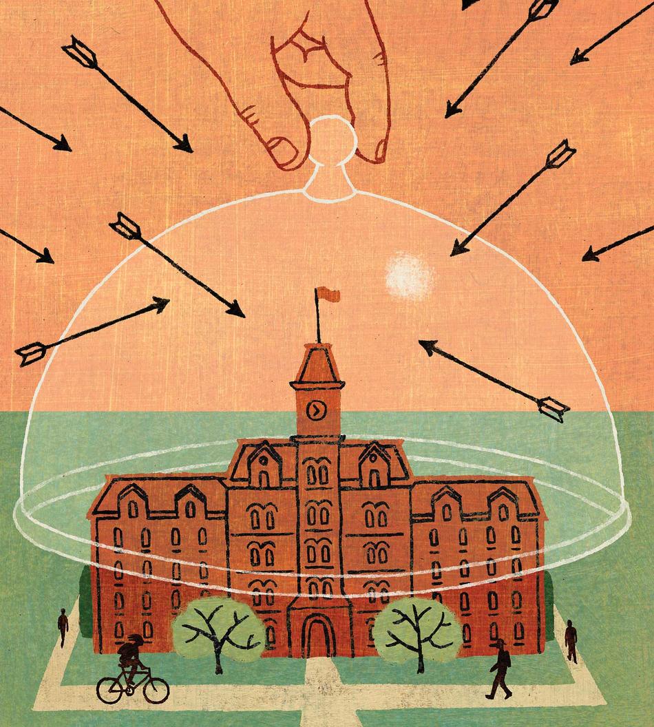 Illustration of giant hand protecting university building from arrows with a glass shield