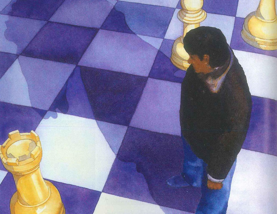 Illustration of man on giant chessboard