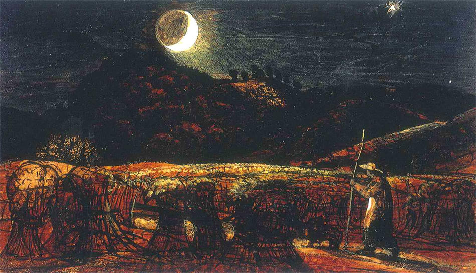 English artist Samuel Palmer's "A Cornfield by Moonlight with the Evening Star," watercolor, circa 1830