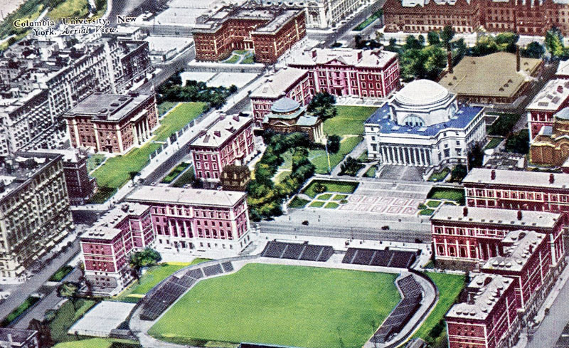 Vintage postcard featuring aerial view of Columbia University campus