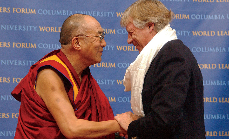 Columbia University President Lee C. Bollinger with the Dalai Lama at the Columbia World Leaders Forum