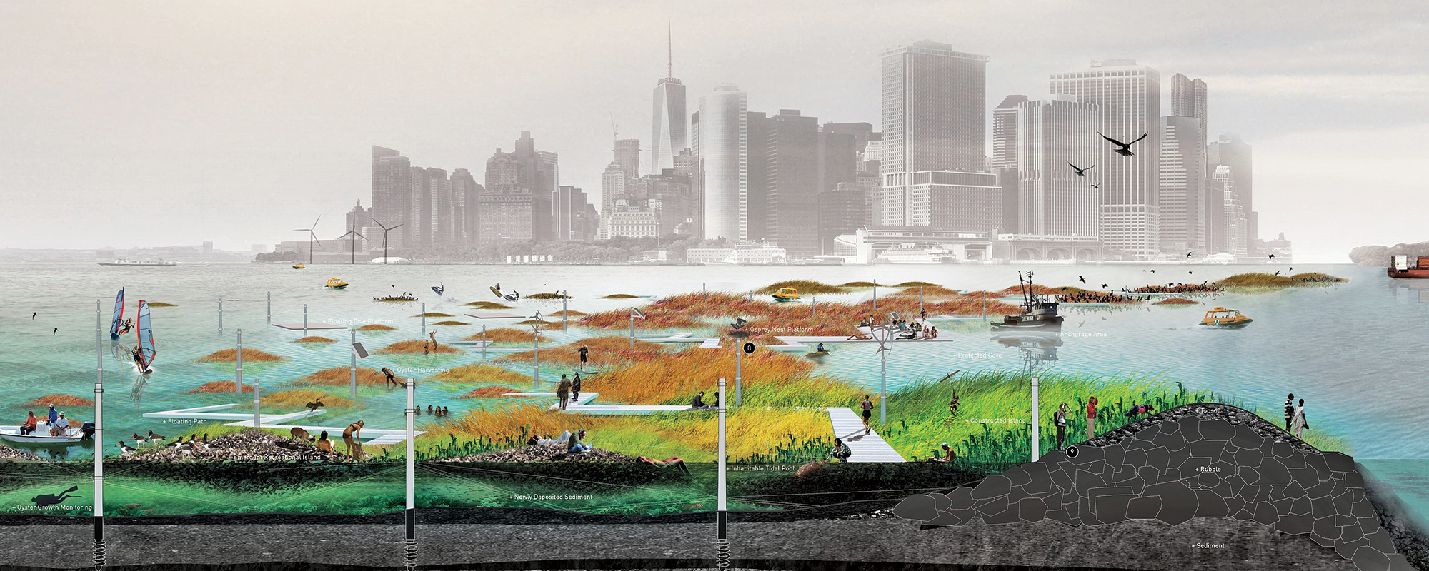 Oyster-tecture, commissioned for the Museum of Modern Art’s Rising Currents exhibition in 2010, envisions active oyster reefs in New York Harbor.