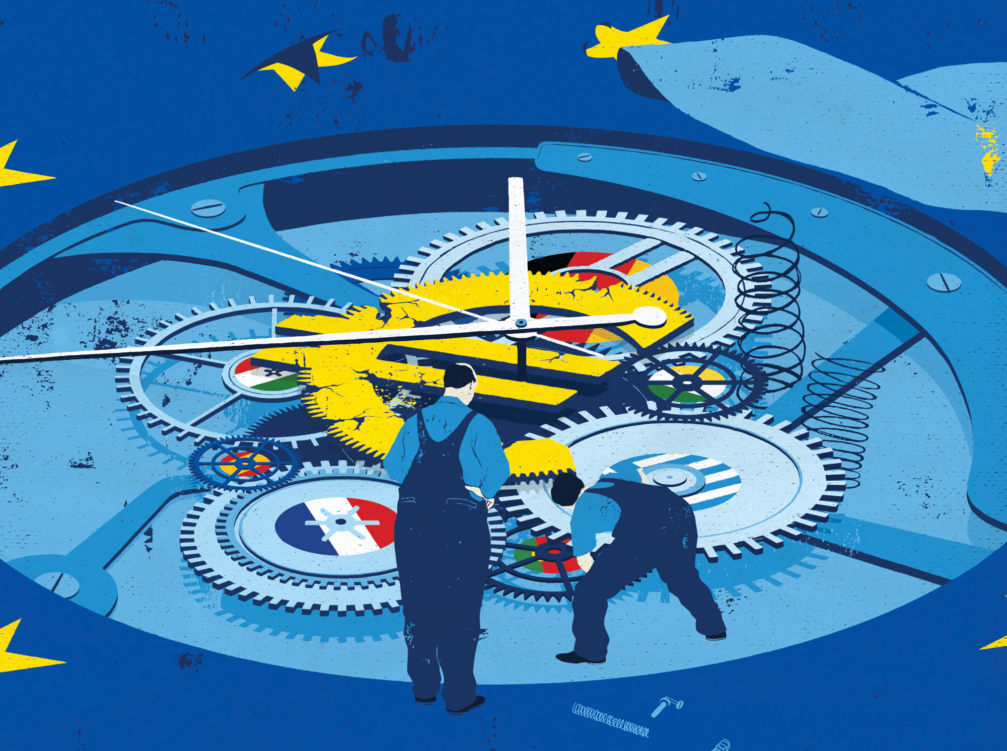 Illustration of factory workers fixing clock with European flags