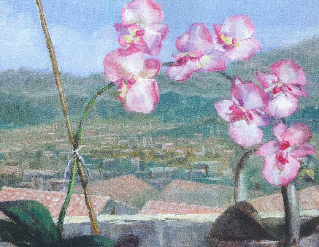 Painting of orchids in watering can on windowsill 