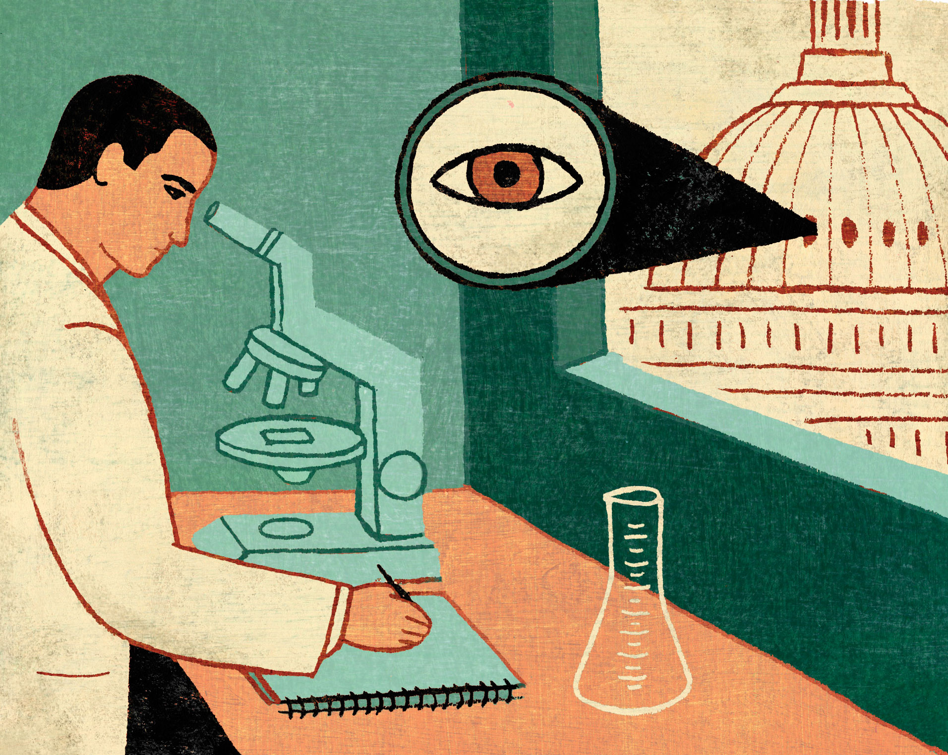 Illustration of a scientist looking through a microscope as the White House spies on him with a giant eye