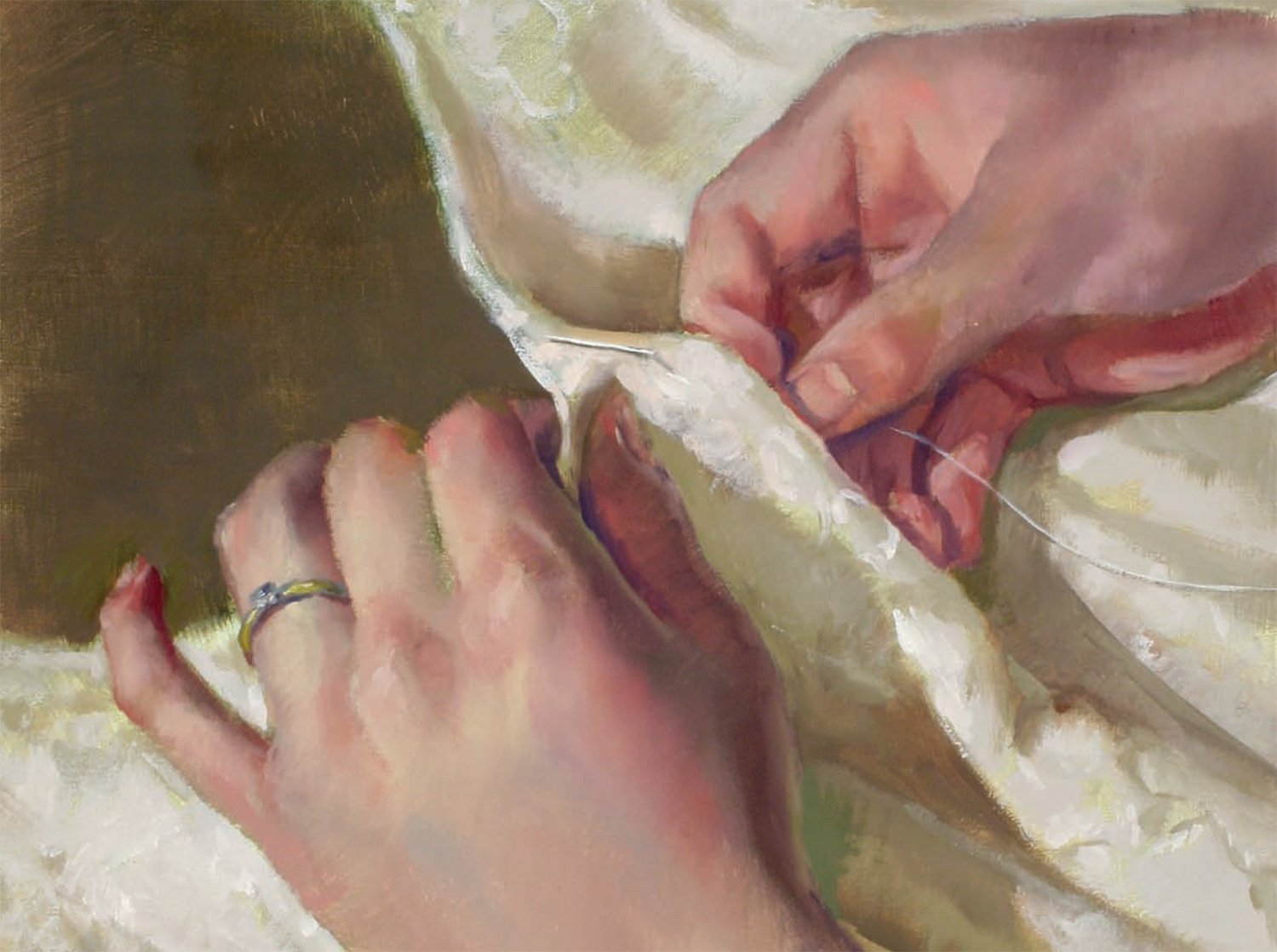 Painting by William Ong of two hands sewing