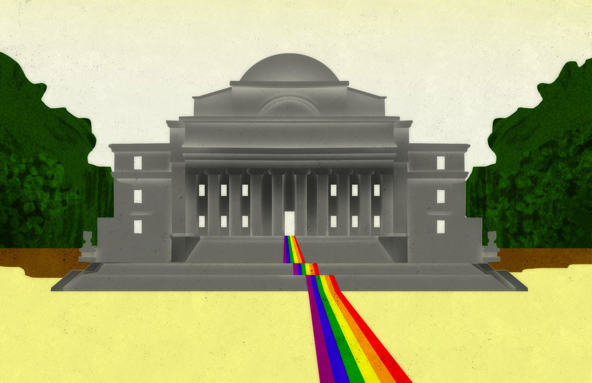Illustration by Brian Stauffer of Columbia's Low Library with a rainbow flag coming out the doorway
