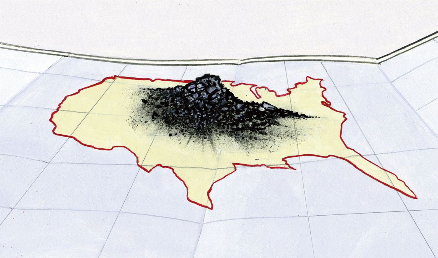 Illustration by Arthur E. Giron of a map of America with a pile of coal on top of it