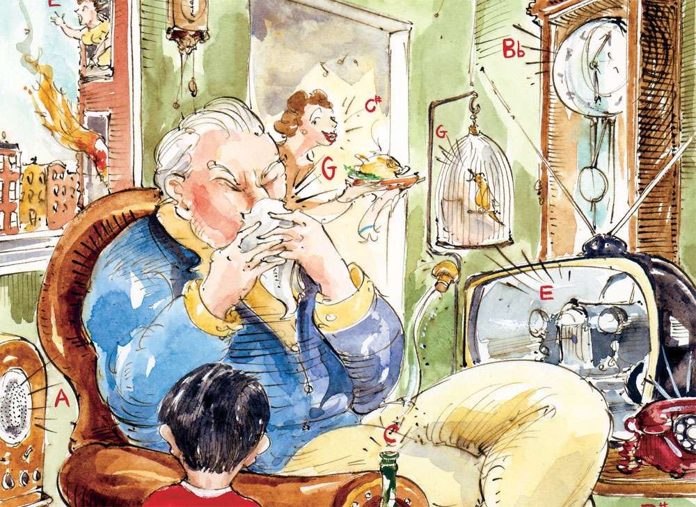 Illustration of a man sneezing in a noisy, cluttered room by Mark Steele