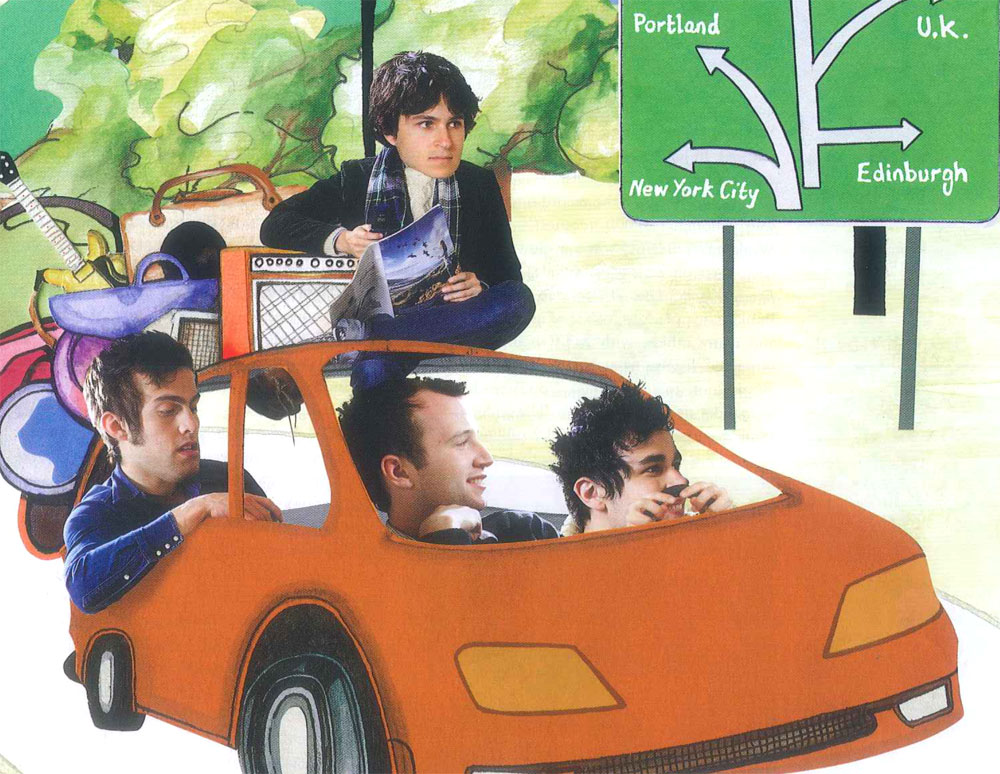 Collage illustration of Vampire Weekend band in car