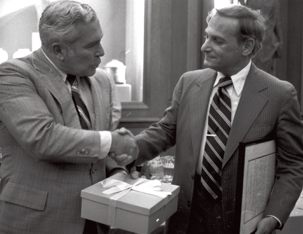 Statistics and economics professor Samuel B. Richmond with B-School dean Boris Yavitz in 1976