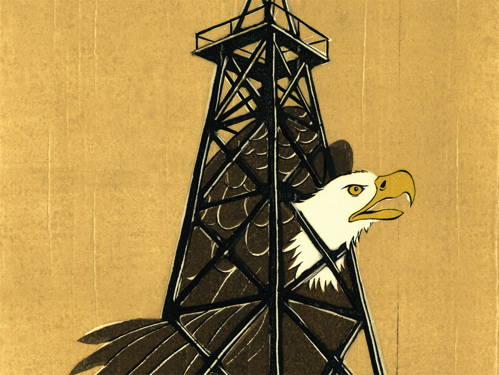 Illustration by Daniel Bejar of American bald eagle stuck in an oil rig