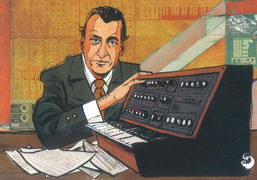 Illustration of Dick Hyman with a keyboard, by PJ Loughran