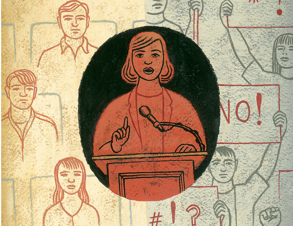 Illustration by James Steinberg for Columbia Magazine's winter 2006-07 issue, of a controversial speaker on campus with protesters in background