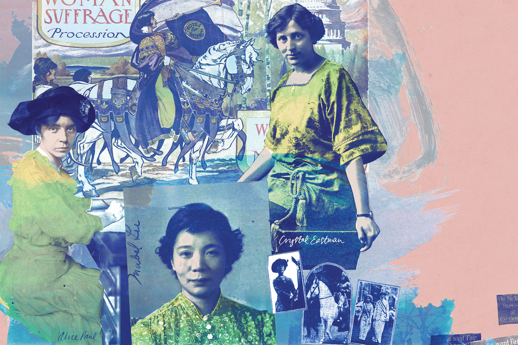 Photo collage by Michelle Thompson of suffragists Mabel Lee, Crystal Eastman, and Alice Paul, for Columbia Magazine fall 2020 issue