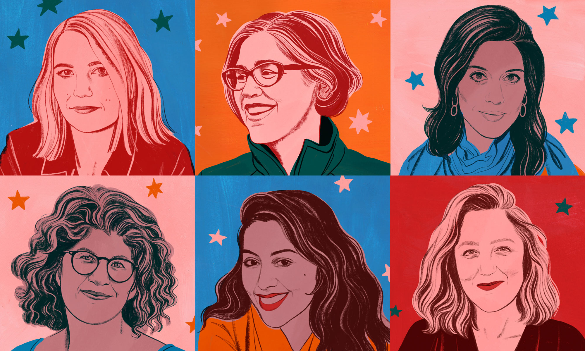 Illustrations by Bijou Karman of filmmakers Amy Talkington, Nicole Kassell, Cherien Dabis, Gina Fattore, Smriti Mundhra, Anna Winger