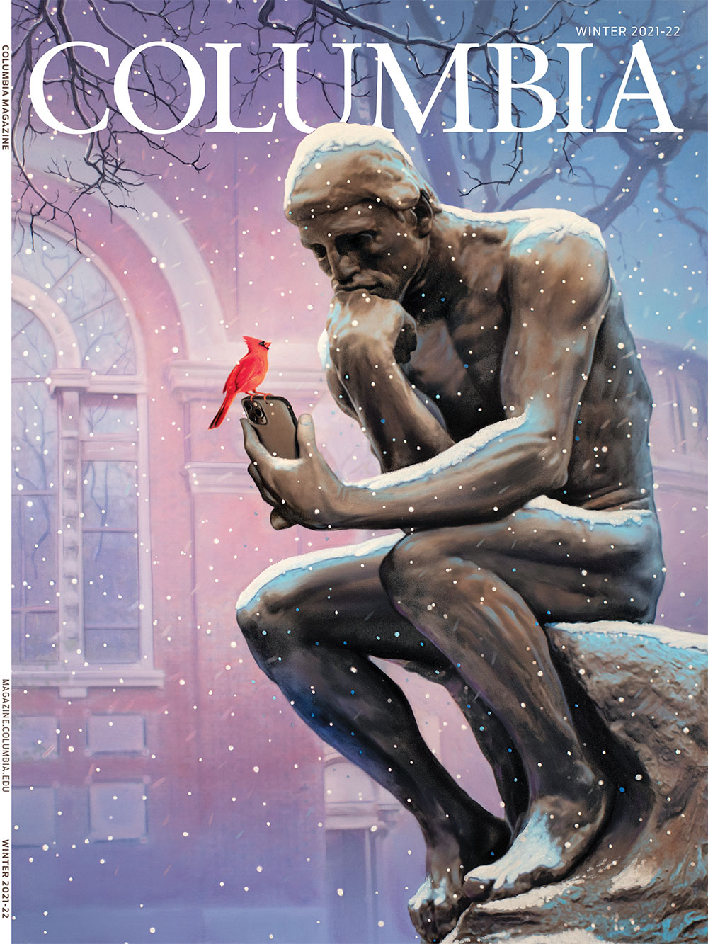 Winter 2021-22 cover of Columbia Magazine, featuring illustration by Tim O'Brien of Columbia University's "The Thinker" sculpture
