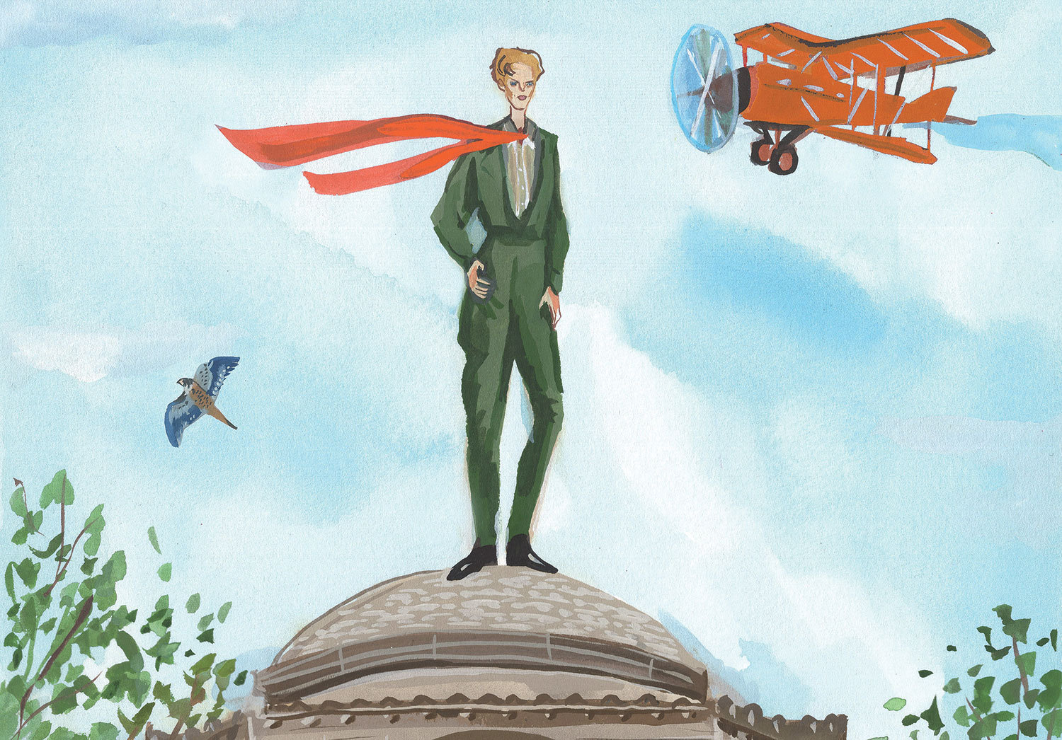 Illustration by Jenny Kroik of Amelia Earhart on top of the dome of Columbia's Low Library