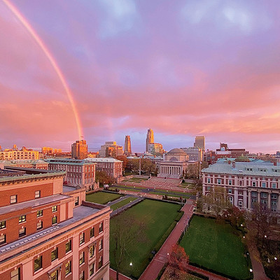 A rainbow and sunset over Columbia University campus
