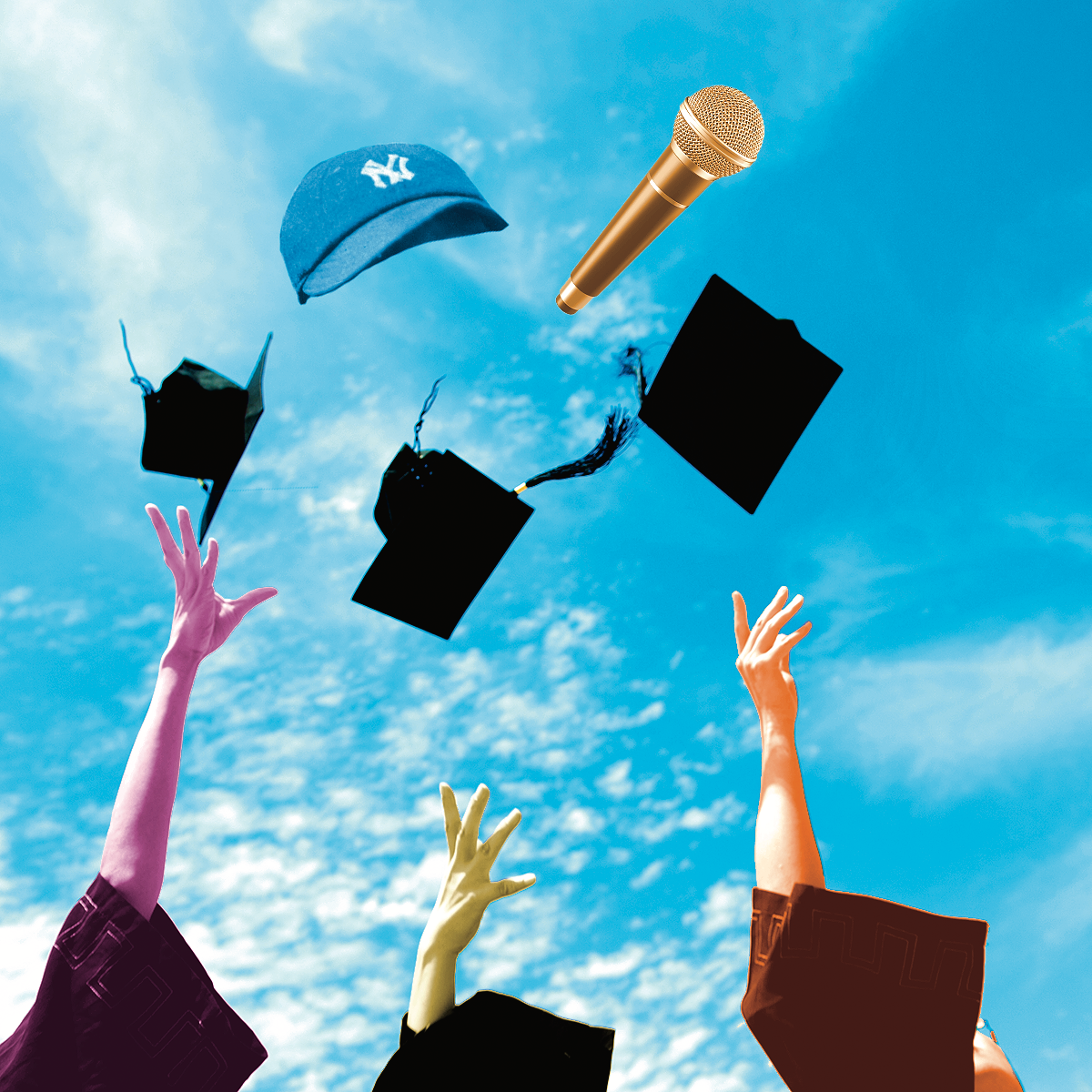 Photo of people tossing graduating caps into air
