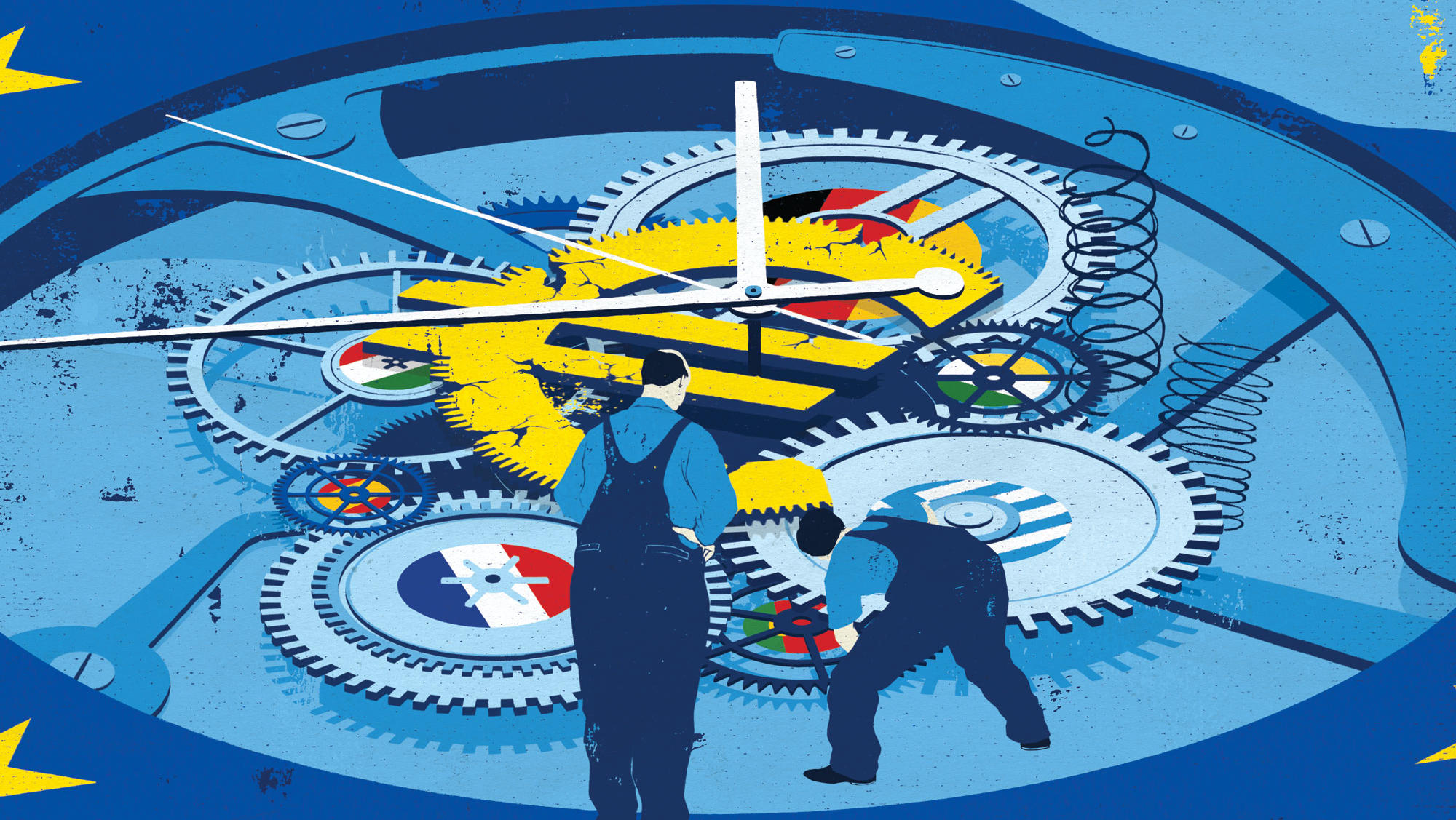 Illustration of factory workers fixing clock with European flags