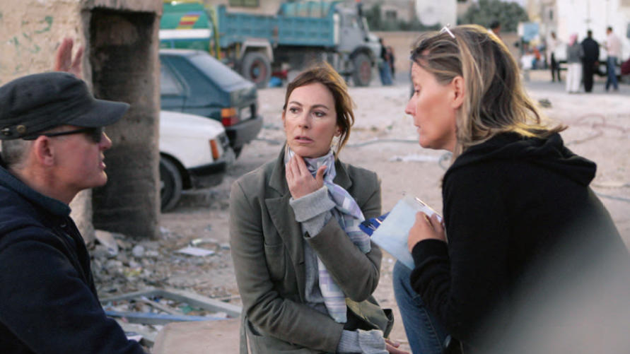 Kathryn Bigelow with cinematographer Barry Ackroyd and script supervisor Aslaug Konradsdottir in the Madaba Refugee Camp near Amman, Jordan