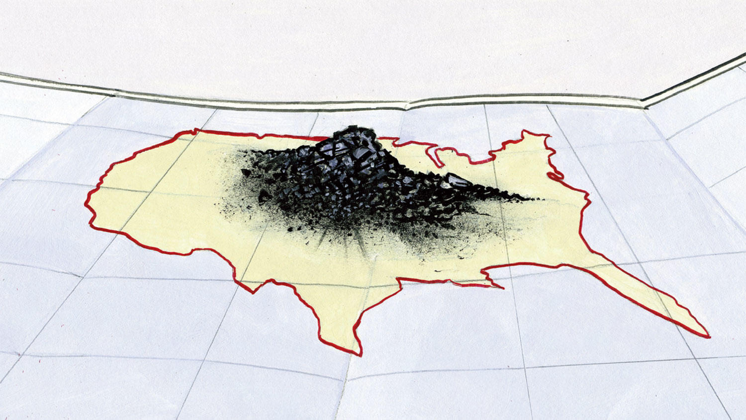 Illustration by Arthur E. Giron of a map of America with a pile of coal on top of it
