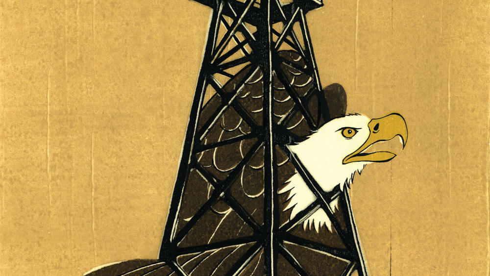 Illustration by Daniel Bejar of American bald eagle stuck in an oil rig