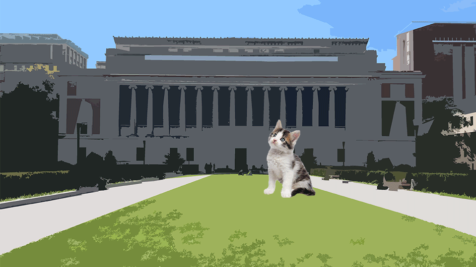 Animation of a kitten and a Welsh Corgi in front of Columbia's Butler Library