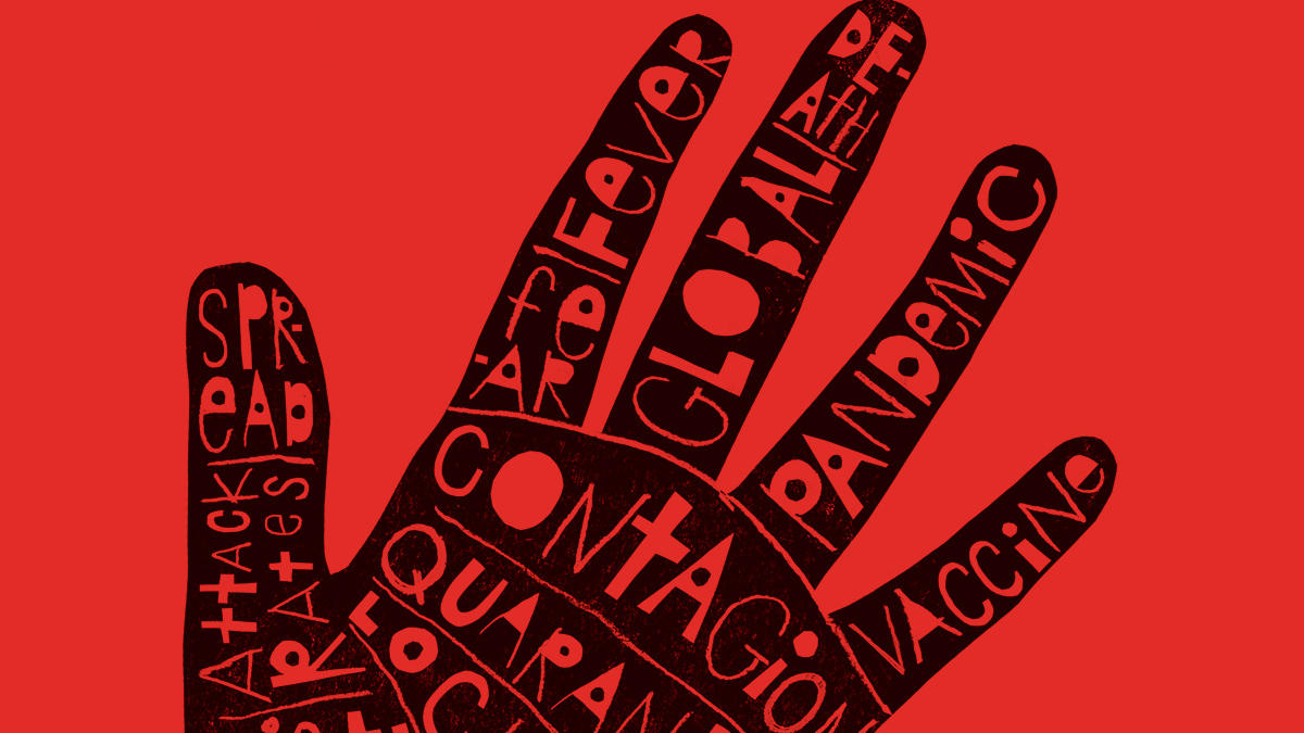 Illustration for Columbia Magazine by Melinda Beck of a hand covered in pandemic-related words