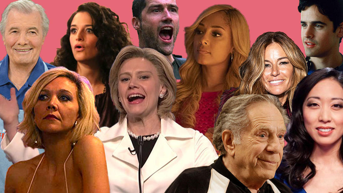 Collage of celebrities who graduated from Columbia: Jacques Pépin, Maggie Gyllenhaal, Jenny Slate, Kate McKinnon, Matthew Fox, Amanda Seales, George Segal, Kelly Killoren Bensimon, Jesse Bradford, Judy Joo 