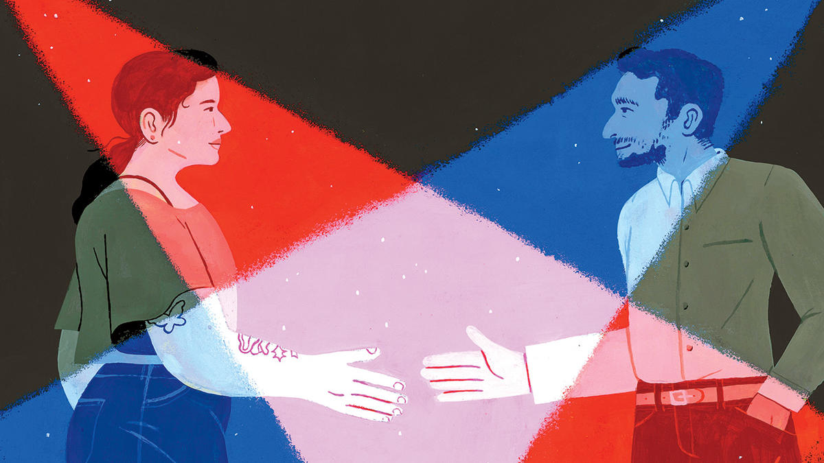 Illustration of a Democrat and Republican shaking hands, by Celia Jacobs, for Columbia Magazine fall 2020 issue (interview with Peter Coleman)