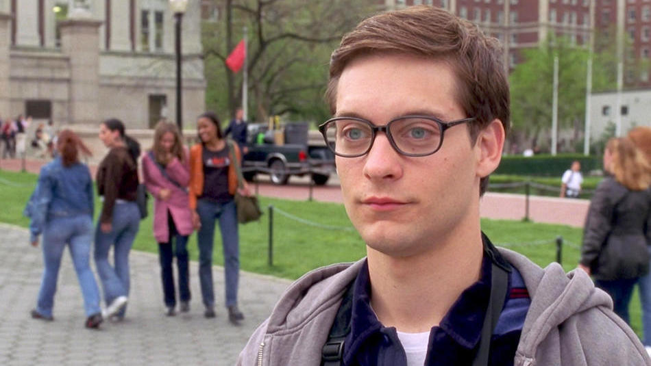 Tobey Maguire as Peter Parker on Columbia University campus in Spider-man
