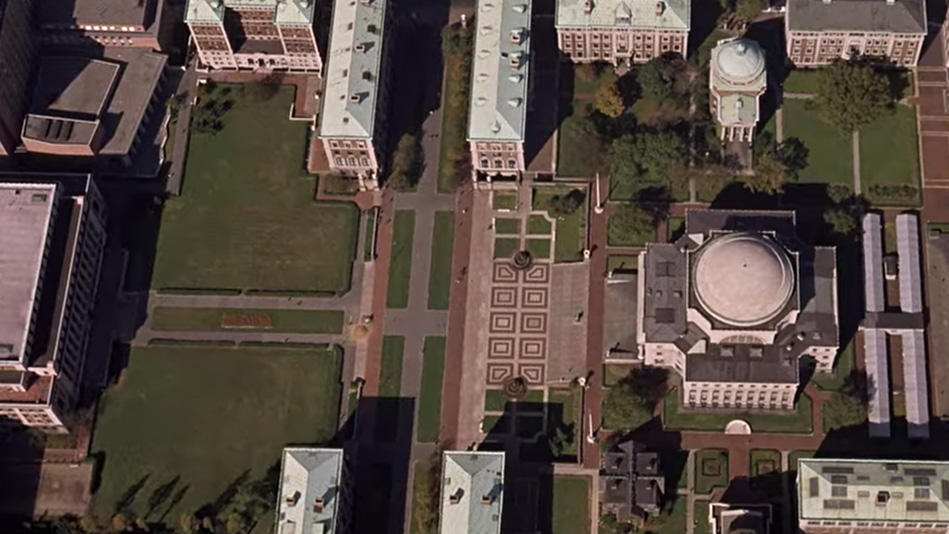 Aerial shot of Columbia University campus in West Side Story opening montage 