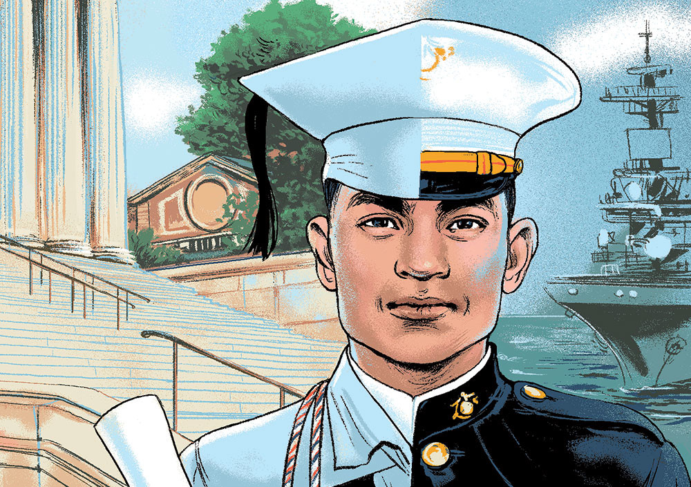 Illustration by Agata Nowicka of a Columbia University student veteran with half of his face and body on campus and the other half in a military setting