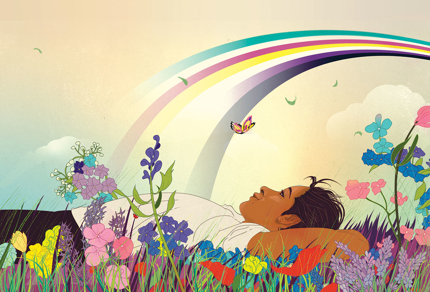 Illustration by Marcos Chin of a young person laying in a field of flowers under a rainbow