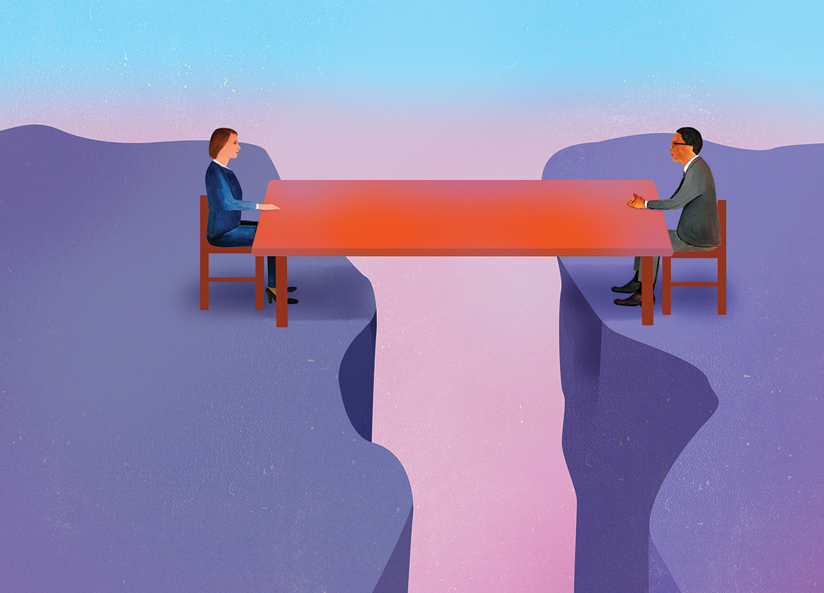 Illustration by Ellen Weinstein of two people sitting across a table
