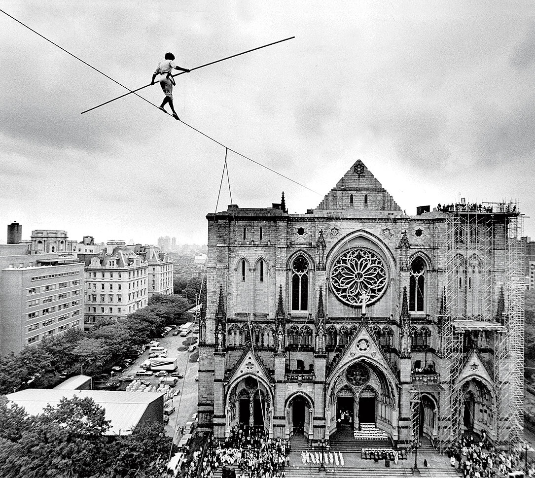 Philippe Petit crossing the Cathedral of St. John the Divine on a tightrope