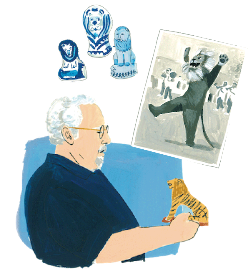 Illustration of Michael Garrett with lion objects